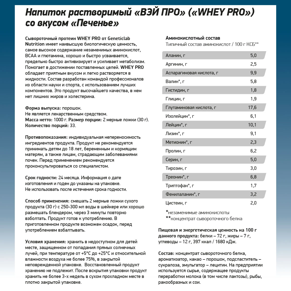 Сывороточный протеин Geneticlab WHEY PRO 1000 г Печенье
