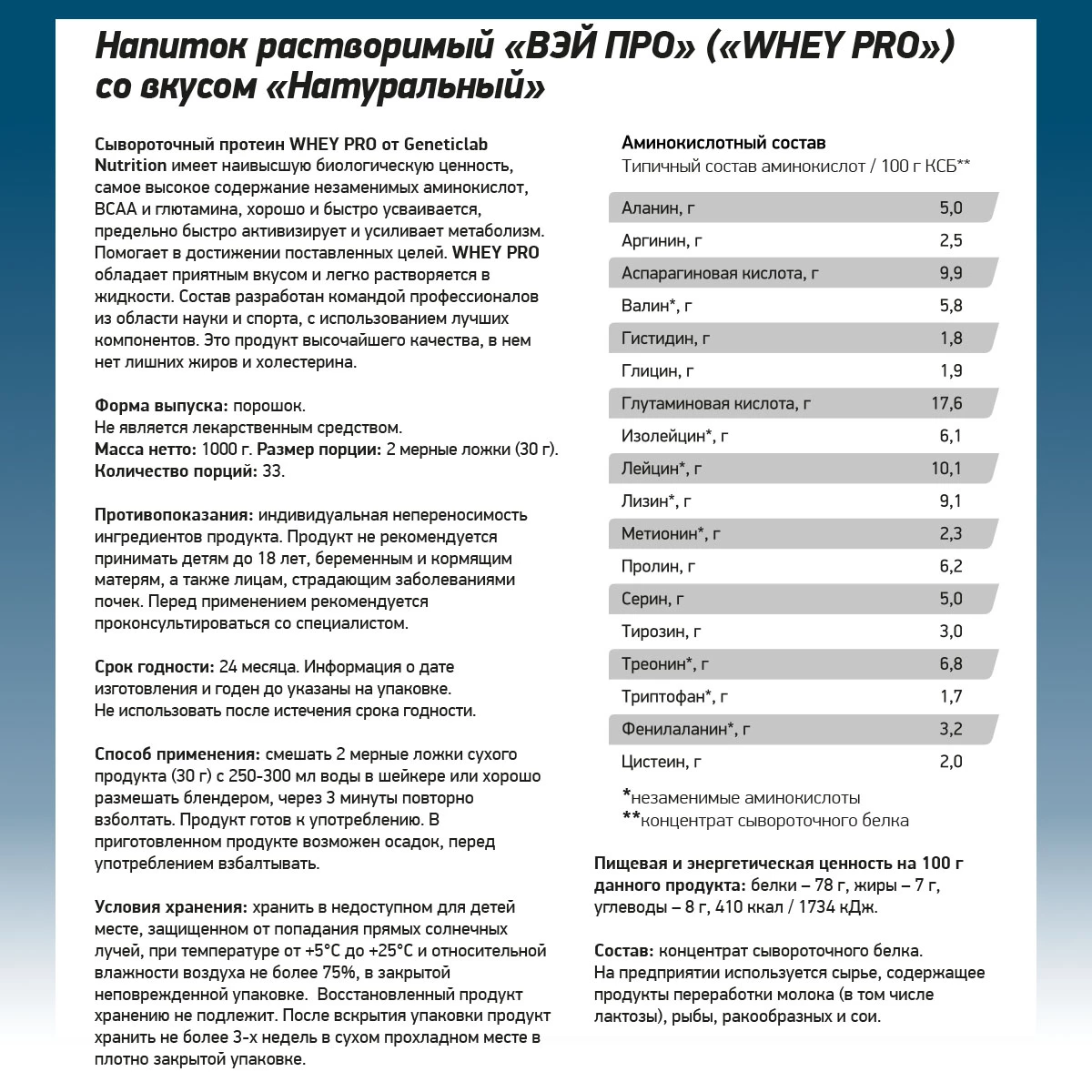 Сывороточный протеин Geneticlab WHEY PRO 1000 г Без вкуса