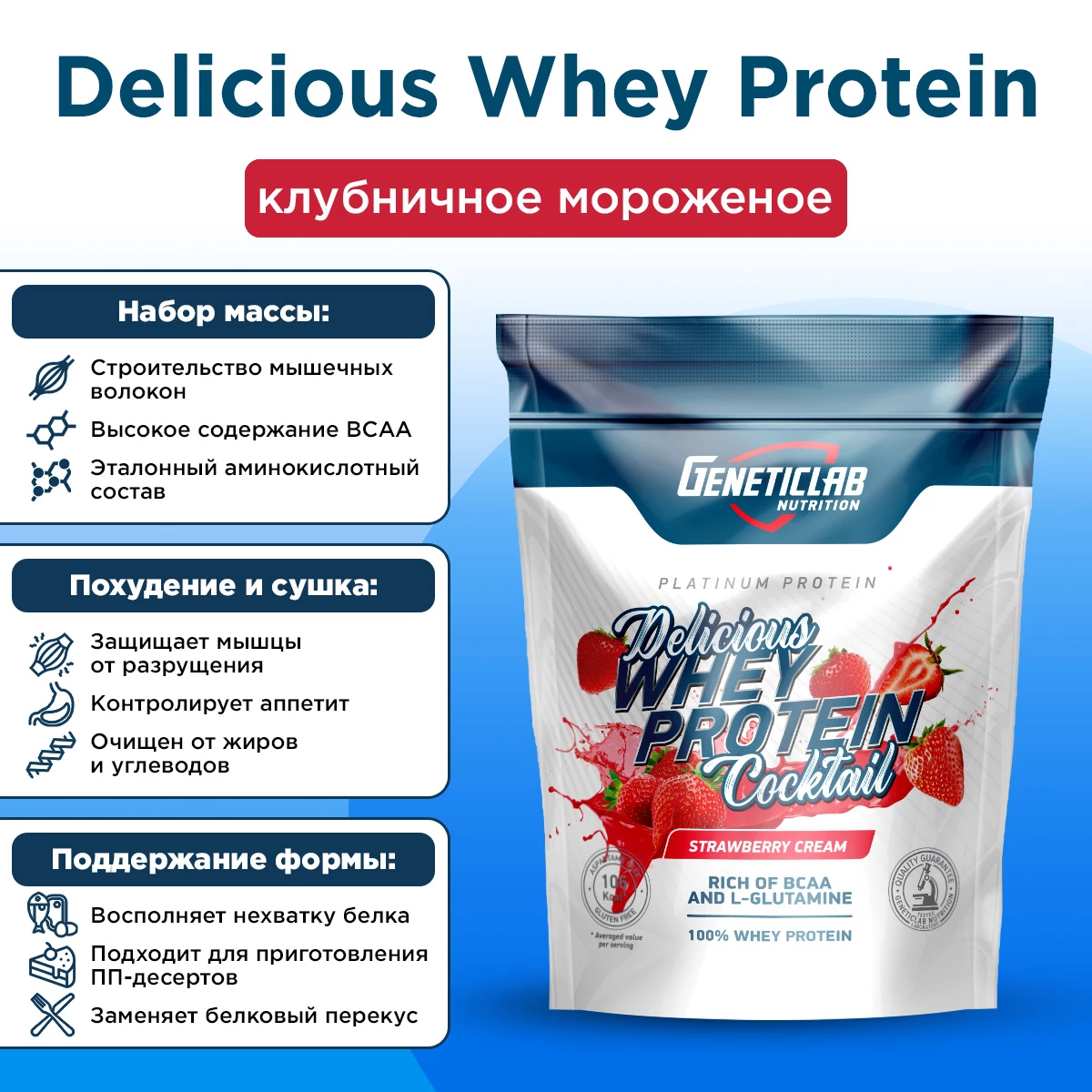 Сывороточный протеин Geneticlab DELICIOUS WHEY PROTEIN COCTAIL 900 г Клубника