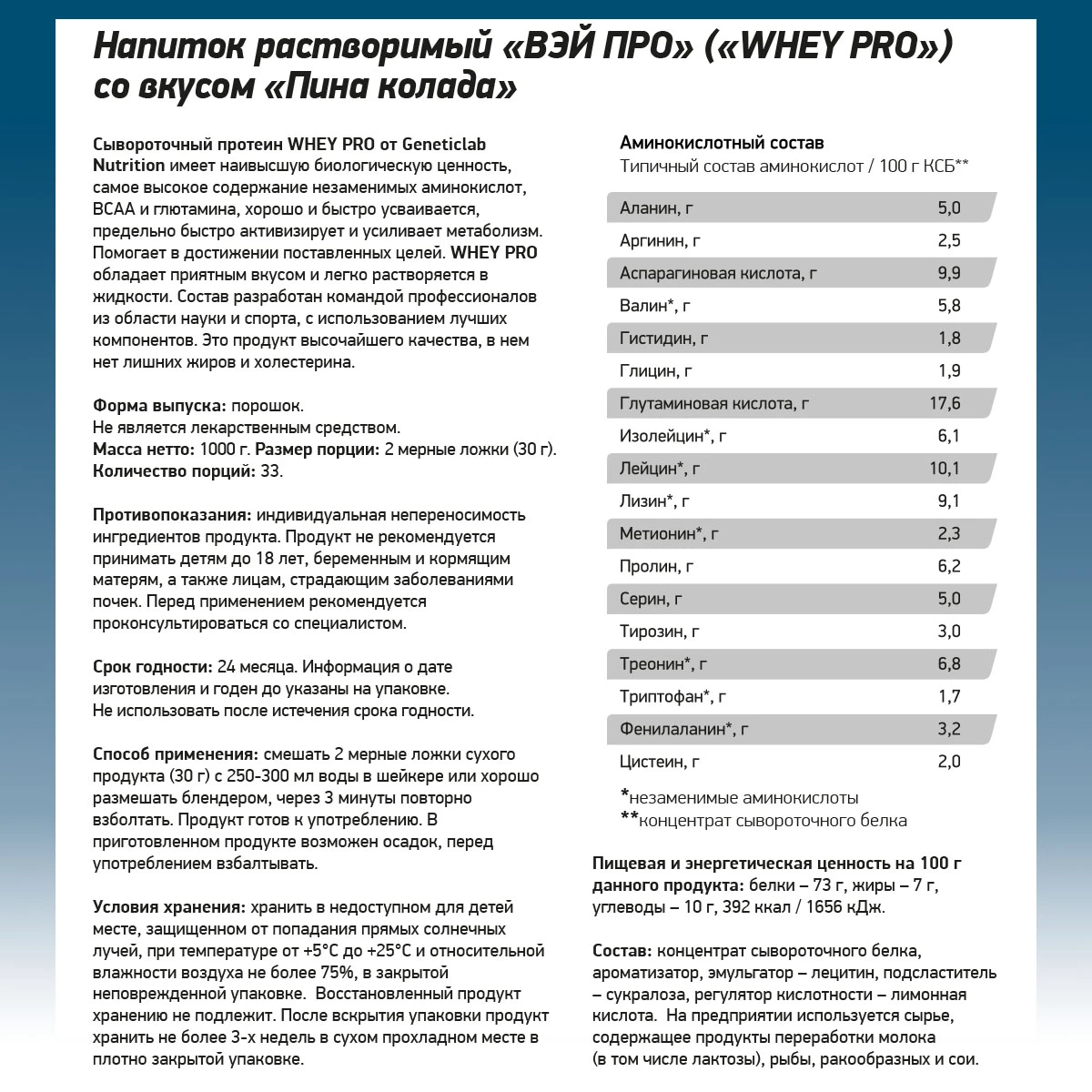 Сывороточный протеин Geneticlab WHEY PRO 1000 г Пина Колада